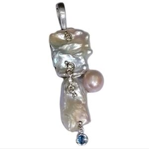 18k Gold Diamond Sapphire Pearl Pendant Slide Enhancer Estate Jewelry 13.1g